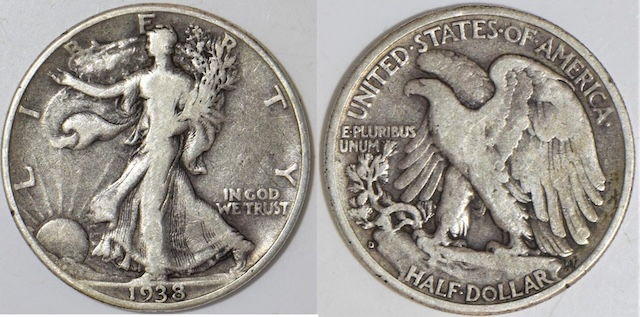 Comparison of 1938 Walking Liberty Half Dollar reverse showing no mint mark (Philadelphia) versus 1938-D with D mint mark below eagle tail feathers