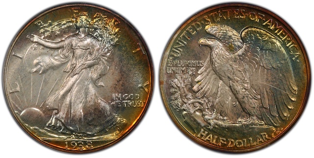 1938 Proof Walking Liberty Half Dollar showing deeply mirrored proof fields and frosted design elements