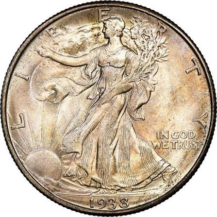 Extreme close-up of 1938-D/D Repunched Mint Mark showing secondary D impression offset from the primary D on the Walking Liberty Half Dollar reverse