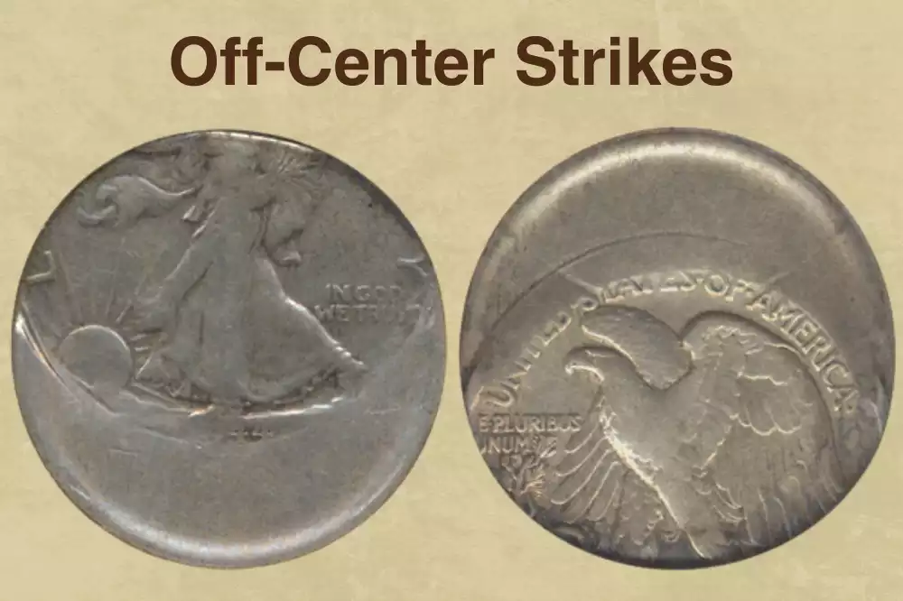 1938 Walking Liberty Half Dollar with off-center strike error showing Liberty's design shifted to one side with blank planchet area visible