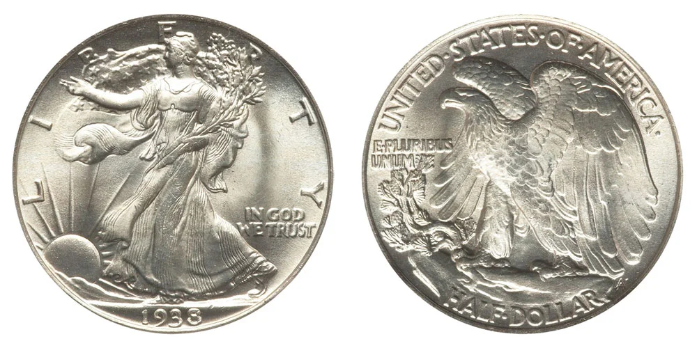 Historical view of the Denver and Philadelphia Mints circa 1938, or a group of 1938 Walking Liberty Half Dollar specimens showing all three major varieties