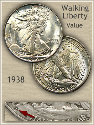 Grading strip showing 1938 Walking Liberty Half Dollar in four conditions: Good (worn), Very Fine, Extremely Fine, and Mint State (uncirculated)